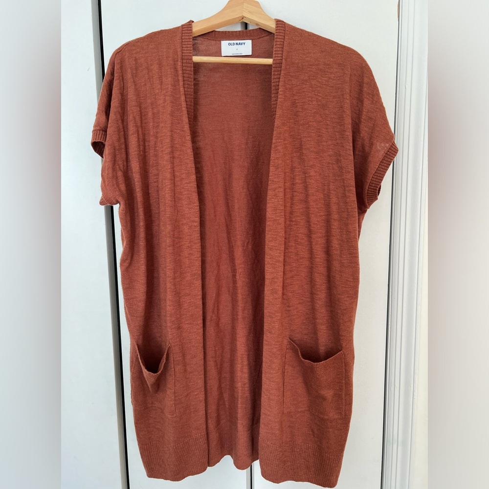 Long Slub-Knit Short-Sleeve Open-Front Sweater| Old Navy